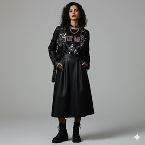 100% Leather Matrix Moto Baddie Midi Skirt Sz-XS Edgy Punk Rebel Grunge Y2K